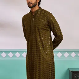 VASTRAMAY Chevron Embroidered Mandarin Collar Sequinned Straight Kurta-image-6