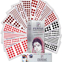 PERPAA Premium Kumkum Set Of 16 Round Stick On Bindi Book- ,Red 04 ,Black 05 ,Dark Maroon 06 ,Light Maroon 7.5-17