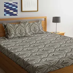Arrabi Grey & Navy Blue Ethnic Motifs 300 TC 2 King Bedsheet with 4 Pillow Covers-image-33