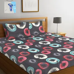 Arrabi Pack Of 2 Blue & Grey Geometric 300 TC 2 King Bedsheet with 4 Pillow Covers-82