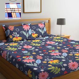 KLOTTHE Blue & Pink Floral 210 TC 2 King Bedsheet with 4 Pillow Covers-image-87