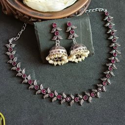 Efulgenz Rhodium-Plated CZ Studded Oxidized Jewellery Set-image-39