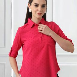 FITHUB Women Self Design Shirt Collar Roll-Up Sleeves Shirt Style Top-picture-24