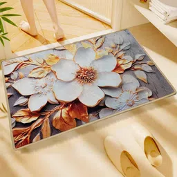 Elanza Pack Of 1 Orange & Grey Floral Printed Anti-Skid Microfiber Bath Rugs-picture-24
