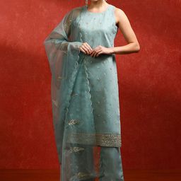 Jaipur Kurti Floral Embroidered Round Neck Kurta With Trousers & Dupatta-image-98