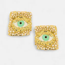 SOHI The Dented Evil Eye Gold-Plated Pearls Beaded Square Studs image 3