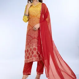 Rekha Maniyar Bandhani Printed V-Neck Beaded Ombre Straight Kurta With Trouser And Dupatta-49