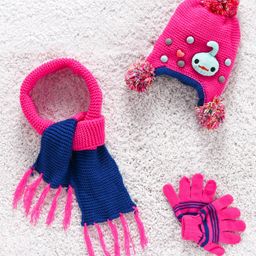 Babyhug Woolen Cap Gloves & Muffler Set Heart Motif - Fuchsia Blue-image-85