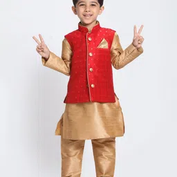 Vastramay Full Sleeves Kurta With Square Brocade Work Jacket & Pyjama Set - Golden-picture-48