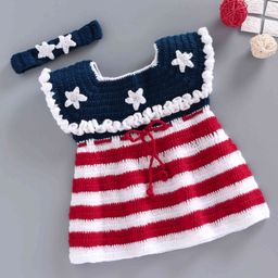 USHA ENTERPRISES Short Sleeves Striped Crochet Dress With Headband - Red-image-90