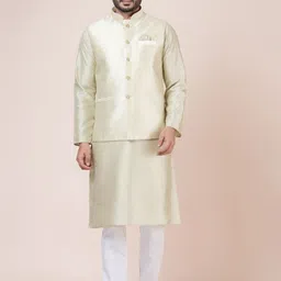 Nawaz's Mandarin Collar Straight Kurta With Trousers And Nehru Jacket-image-23