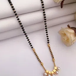 BELLEZA JEWELS Gold-Plated Artificial Stones Studded & Pearls Beaded Mangalsutra-1