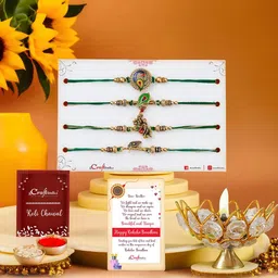 eCraftIndia Set Of 4 Rakhi With Lotus Diya & Greeting Card & Roli Chawal Gift Set-image-37