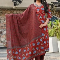 Anouk Floral Printed V-Neck Pure Cotton Thread Work Straight Kurta With Trousers & Dupatta-10