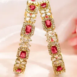 Rubans Set of 2 18K Gold-Plated Ruby Red & White Zirconia Studded Floral Design Bangles image 2