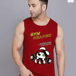 SLOWLORIS Pack Of 2 Printed Round Neck Sleeveless Bio-Wash Cotton Gym Vests-picture-46