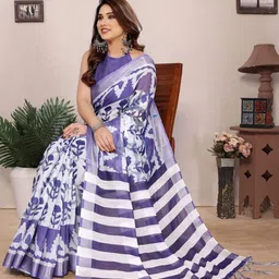 Shriyangan Geometric Printed Zari Pure Linen Block Print Saree image 3