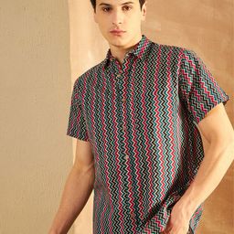 DENNISON Men Comfort Fit Chevron Striped Spread Collar Cotton Casual Shirt-image-26