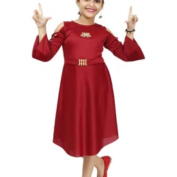 CHANDRIKA Girls Maroon Embellished Round Neck Bell Sleeve Fit & Flare Dress-picture-29