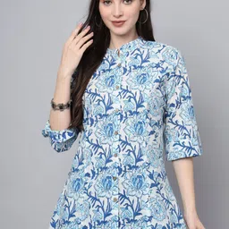BAESD Floral Print Mandarin Collar Roll-Up Sleeves Ethnic Cotton Top-picture-39