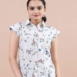 Komarri U Floral Print Roll-Up Sleeves Cotton Top-image-5
