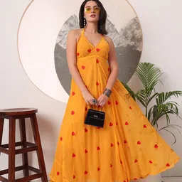 Mitera Women Printed Halter Neck Maxi Gown Dress With Tie-Ups Details-image-82