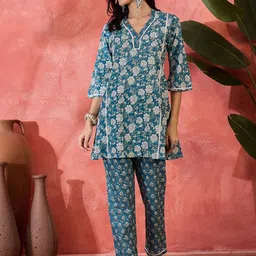 BANDIA Floral Printed Lace Embroidered Pure Cotton Top With Trouser Co-Ords-0