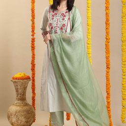 GoSriKi Floral Embroidered Thread Work Straight Kurta With Trousers & Dupatta-image-39