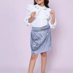 Peppermint Girls Self Design Mandarin Collar Top With Skirt-image-92