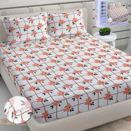 FABINALIV Orange & White Floral 300 TC King Bedsheet with 2 Pillow Covers-image-45