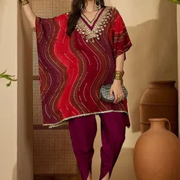 Sangria Leheriya Printed with Embellished Kaftan Kurta with Dhoti Pant Set-picture-12
