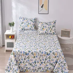 JC HOME White & Blue Floral Queen Bedsheet with 2 Pillow Covers-picture-44