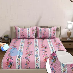 BLUEDOT Pink & Blue Floral 300 TC Fitted Waterproof King Bedsheet Set 1.98 m x 1.82 m-15