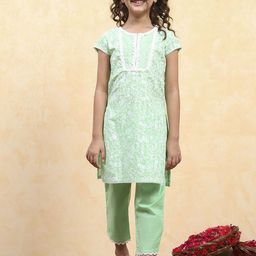 Biba Girls Floral Printed Roud Neck Pure Cotton Straight Kurta With Trousers-picture-48