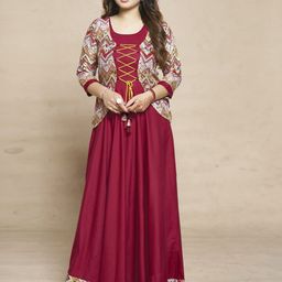 MEESORRA Printed Round Neck Ethnic Dresses With Koti Jacket-image-77