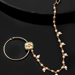 Voylla Gold-Plated Cubic Zirconia & Kundan Elegance Royal Blossom Chained Nosepin-1