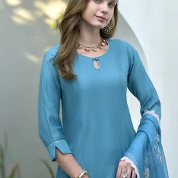 SHREE LAXMINARAYAN EXPORT Keyhole Neck Panelled A-Line Kurta With Trouser & Dupatta image 4