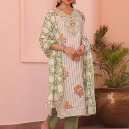 SCAKHI Floral Block Printed Thread Work Straight Kurta with Trousers & Dupatta image 5