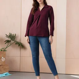 DressBerry Women Ribbed Shirt Collar Cuffed Sleeves A-Line Top-image-92