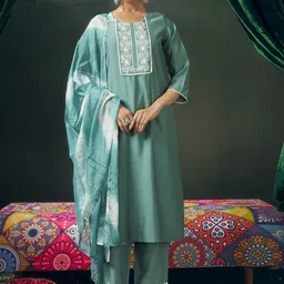KALINI Ethnic Motifs Embroidered Chanderi Silk Kurta With Trousers & Dupatta-picture-33