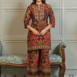 Sangria Ajrak Printed with embroidered Top with Palazzos Co-Ords-picture-2