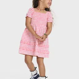THE CHILDREN'S PLACE Girls Cotton Checked Puff Sleeve Fit & Flare Dress-picture-34