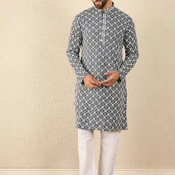 House of Pataudi Floral Embroidered Mandarin Collar Straight Kurta-image-94
