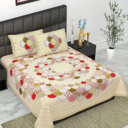 UNIBLISS Cream & Red Printed Cotton 144 TC Queen Bedsheet Set 2.15 m x 2.35 m-4