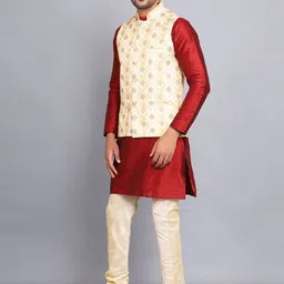 Sadree Mandarin Collar Dupion Silk Kurta And Churidar With Nehru Jacket Set image 4