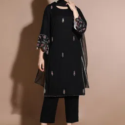 Anouk Floral Embroidered Regular Thread Work Straight Kurta with Trousers & Dupatta-picture-11