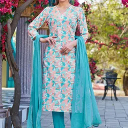 SZN Floral Printed V-Neck Straight Kurta With Trousers And Dupatta-picture-27