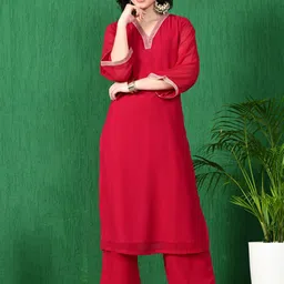 Sangria V Neck Three Quarter Sleeves Straight Kurt Sets-picture-20