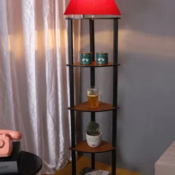 Devansh Conical Red Cotton Shade Wooden Frustum Shaped Shelf Floor Lamp-40