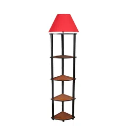 Devansh Conical Red Cotton Shade Wooden Frustum Shaped Shelf Floor Lamp image 2